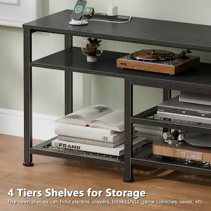4 Tiers Shelves for Storage
The open shelves can hold stereos, players, books, DVD, game consoles, vases, etc.