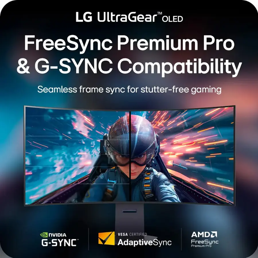 "LG UltraGear" OLED FreeSync Premium Pro & G-SYNC Compatibility Seamless frame sync for stutter-free gaming NVIDIA G-SYNC VESA CERTIFIED AMD AdaptiveSync FreeSync Premium Pro