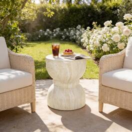 Bestier - Modern Concrete Outdoor Side Table with Waisted Silhouette & Beige Faux Stone Texture - White