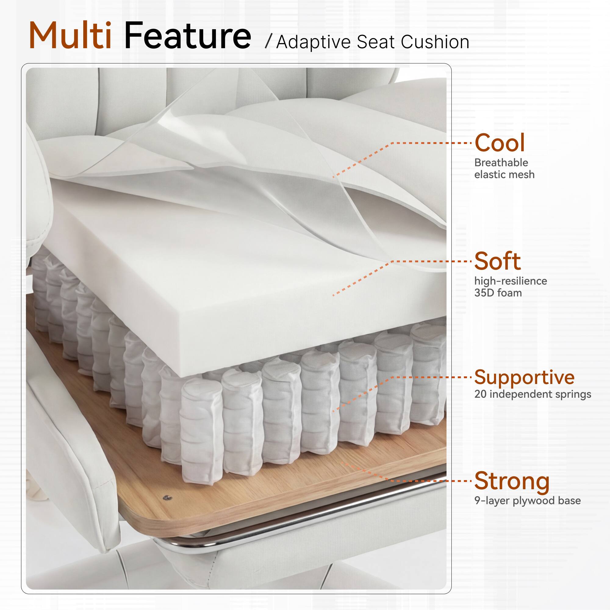 Multi Feature / Adaptive Seat Cushion

- Cool: Breathable elastic mesh
- Soft: High-resilience 35D foam
- Supportive: 20 independent springs
- Strong: 9-layer plywood base