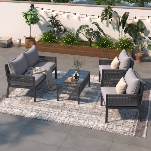 Siljoy - 4-Piece Rope Patio Set, Outdoor Deep Seating w/Tempered Glass Table & Thick Cushions, Grey (Backyard/Porch/Balcony) - Gray