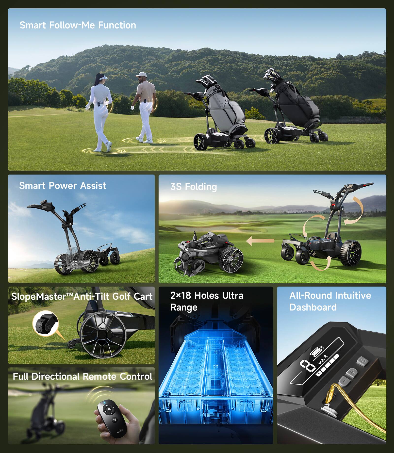 Smart Follow-Me Function  
Smart Power Assist  
3S Folding  
SlopeMaster™ Anti-Tilt Golf Cart  
2x18 Holes Ultra Range  
All-Round Intuitive Dashboard  
Full Directional Remote Control