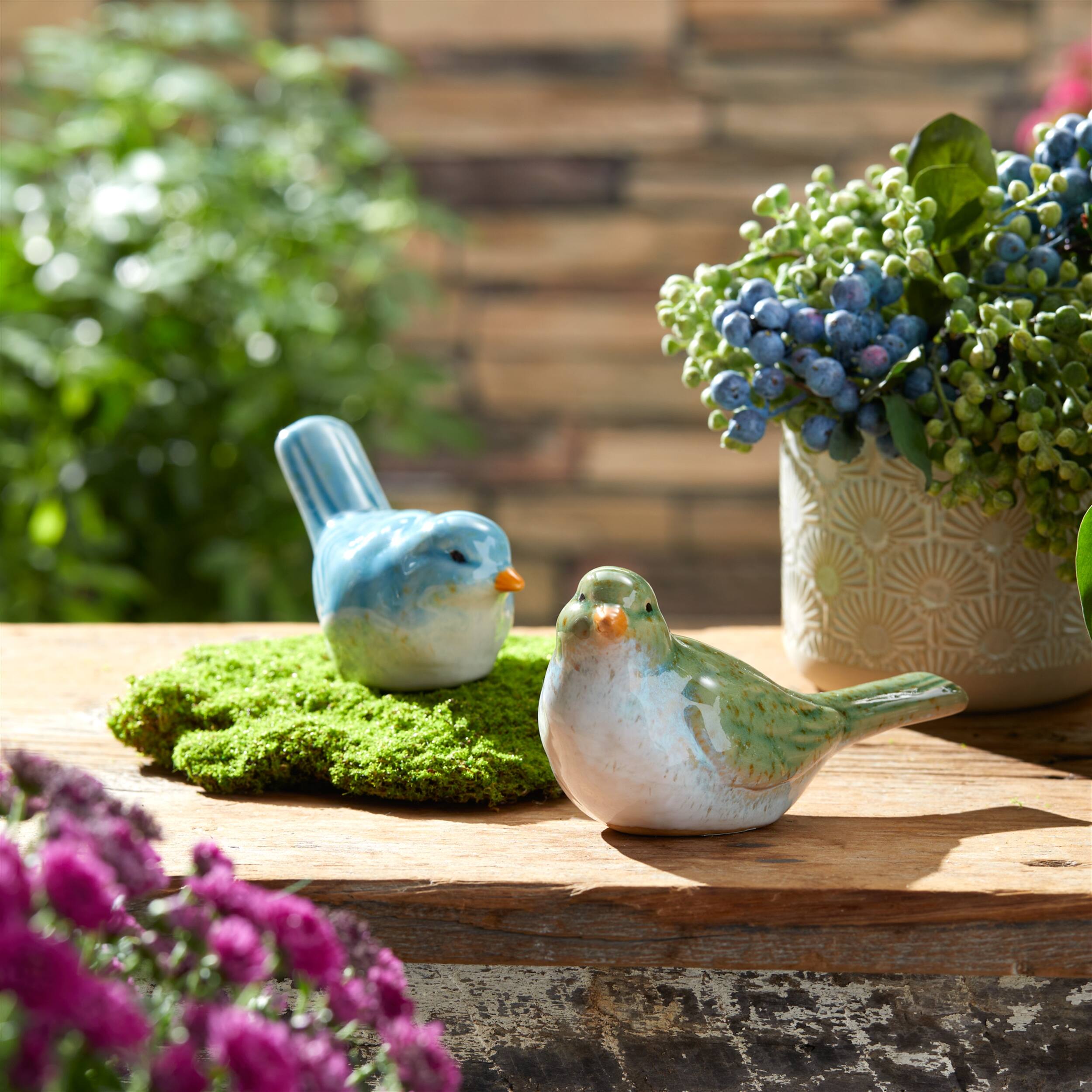 Angle. BreeBe - Stoneware Bird Figurine (Set of 6) - Green, Blue.