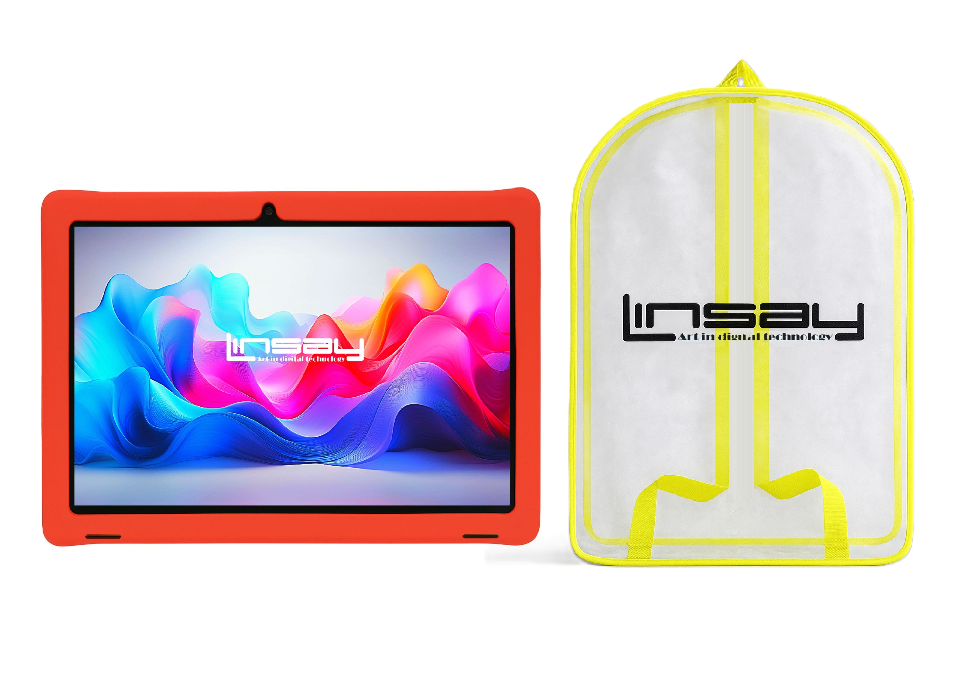 LINSAY - 10.1"Octa Core 128GB Storage Android 15 Tablet with Kids Defender Case and Backpack - Red