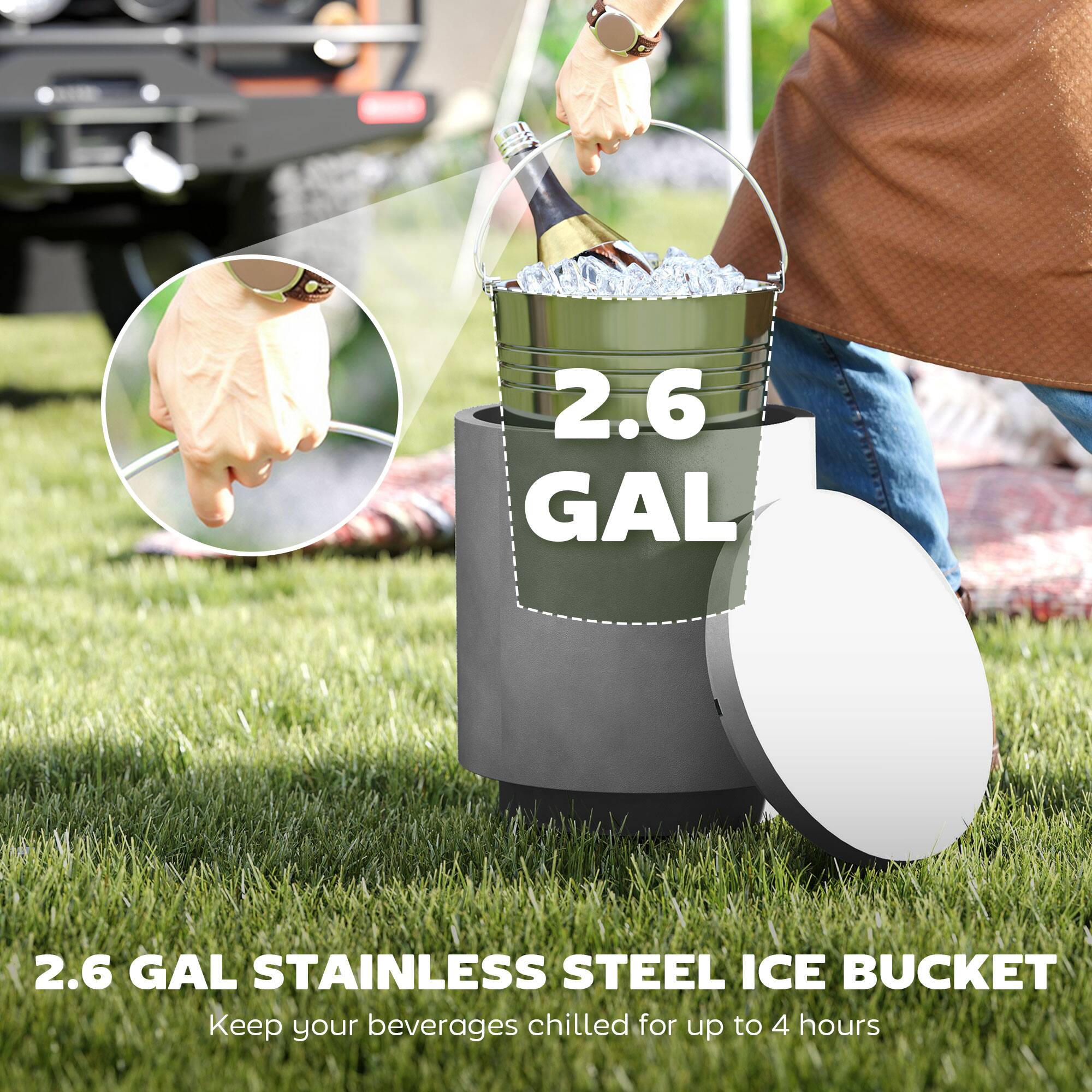 2.6 GAL STAINLESS STEEL ICE BUCKET  
Keep your beverages chilled for up to 4 hours