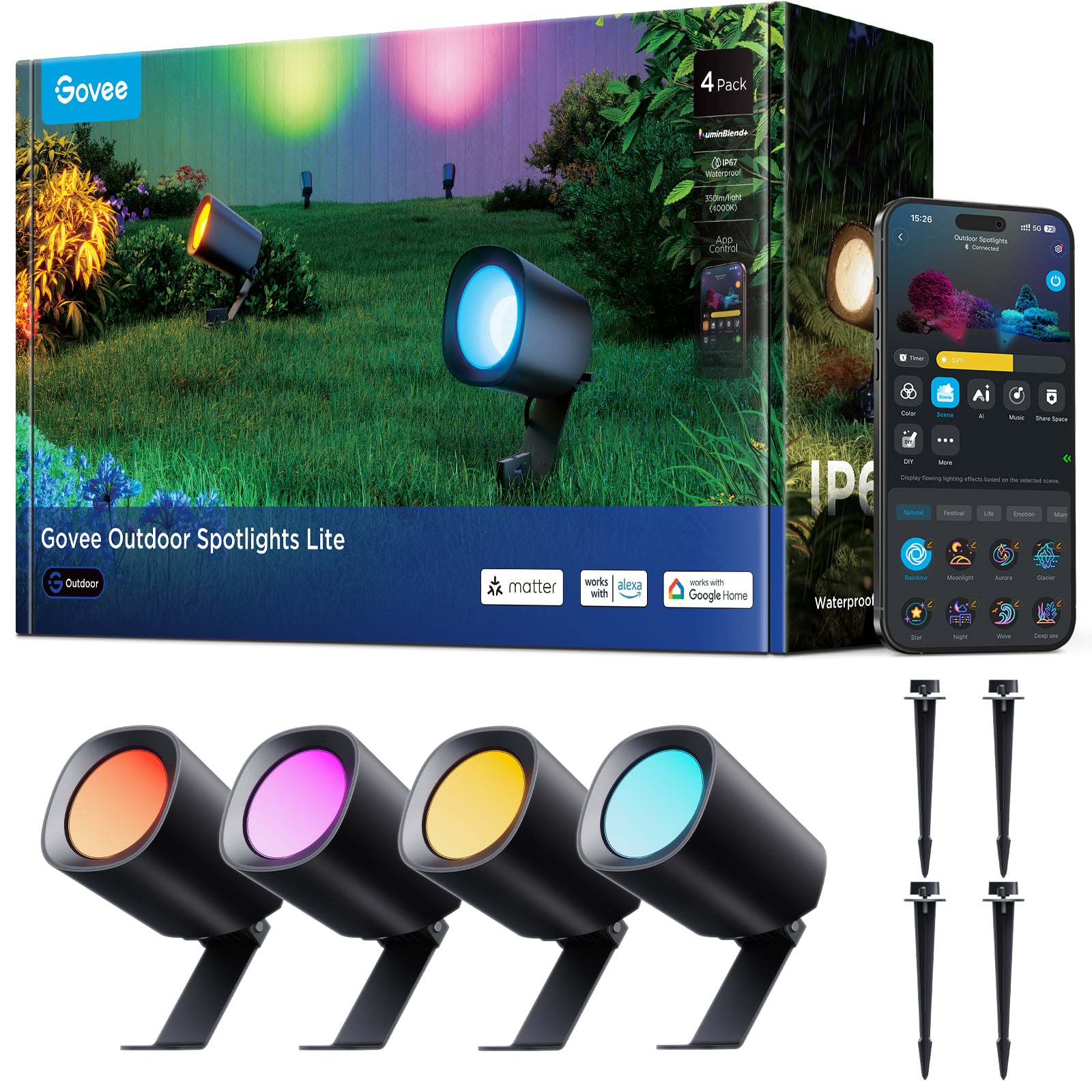 Govee 4 Pack Outdoor Spotlights Lite

- 4 Pack
- 16 Million Color Blends
- IP65 Waterproof
- 3500K Warm White
- 300 Lumens
- Alexa & Google Home Compatible
- Waterproof
- Works with Alexa, Google Home
- Smart Home Control
- Waterproof
- Matter
- Outdoor

Govee Outdoor Spotlights Lite

- Waterproof
- Smart Home Control
- Works with Alexa, Google Home