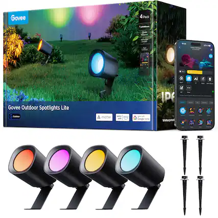 Govee 4 Pack Outdoor Spotlights Lite
- 4 Pack
- 16 Million Color Blends
- IP65 Waterproof
- 3500K Warm White
- 300 Lumens
- Alexa & Google Home Compatible
- Waterproof
- Works with Alexa, Google Home
- Smart Home Control
- Waterproof
- Matter
- Outdoor
Govee Outdoor Spotlights Lite
- Waterproof
- Smart Home Control
- Works with Alexa, Google Home