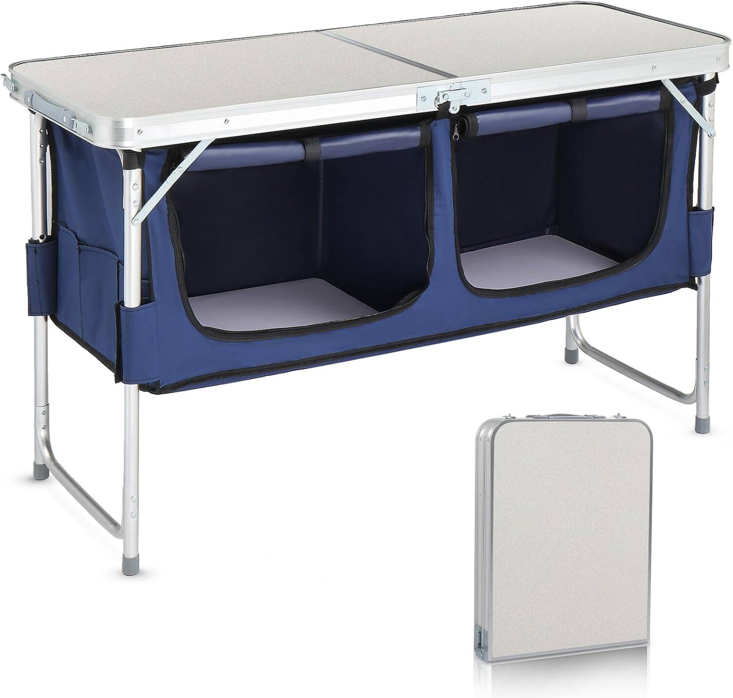 Winado - 4FT Portable Aluminum Folding Camping Table with Storage, Adjustable Height, Carry Handle for Outdoor Camping Pinic - White & Blue