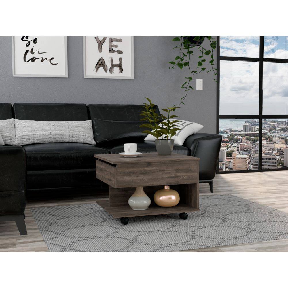 Angle. TuHome - Luanda Lift Top Coffee Table, Casters, One Shelf, Retractible Table, Minimalist Design for Living Room or Lounge Area - Dark Brown.