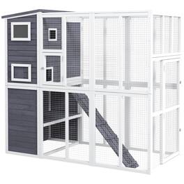 Pawhut - Catio Outdoor Cat Enclosure, Wooden Patio Cat Window Box with Platforms, Waterproof Asphalt Roof, Ramps, 77" L