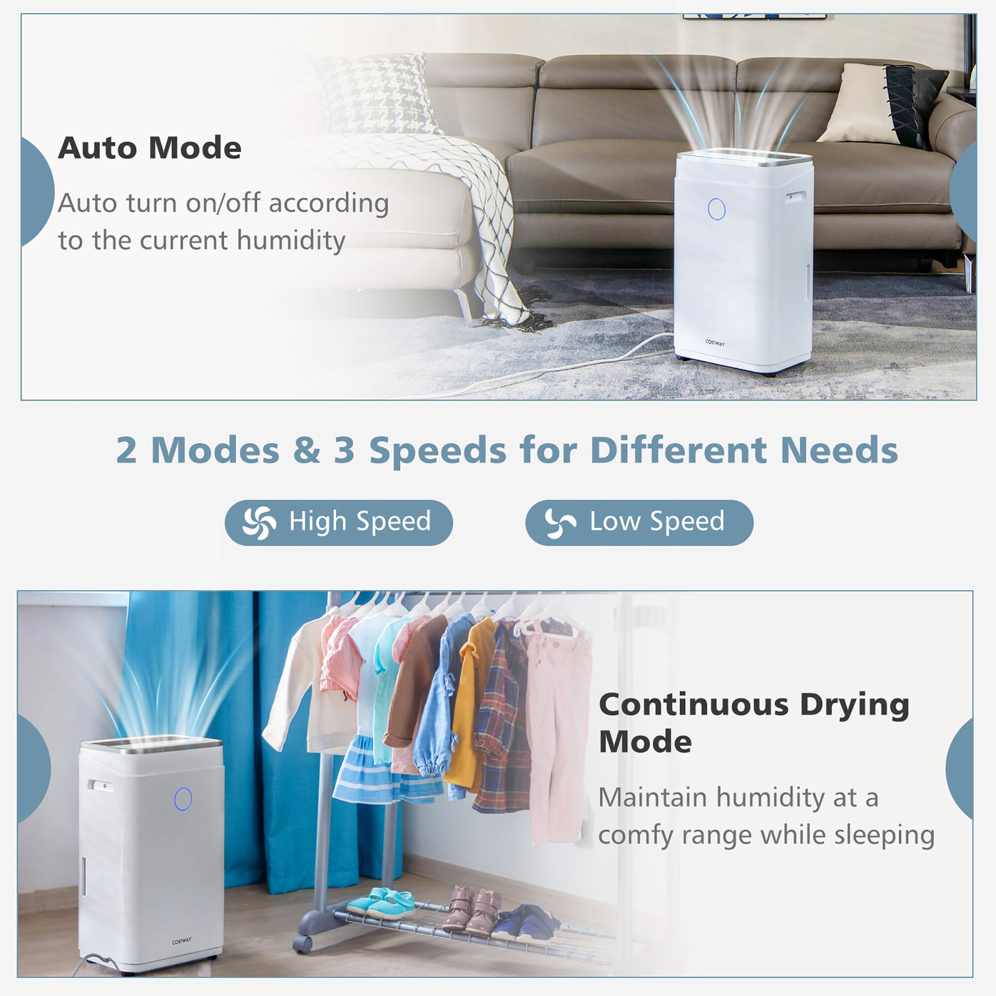Auto Mode: Auto turn on/off according to the current humidity - 2 Modes & 3 Speeds for Different Needs: High Speed, Low Speed, Continuous Drying Mode: Maintain humidity at a comfy range while sleeping.