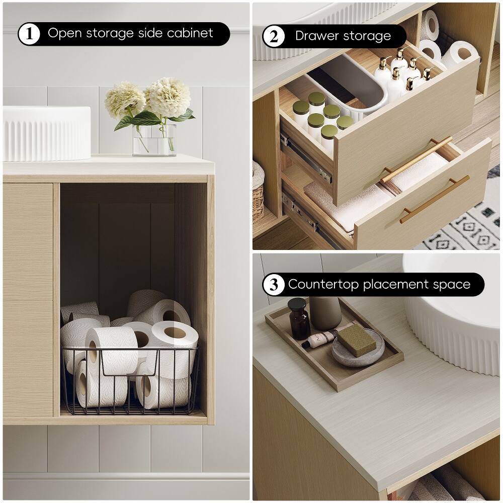 1. Open storage side cabinet
2. Drawer storage
3. Countertop placement space