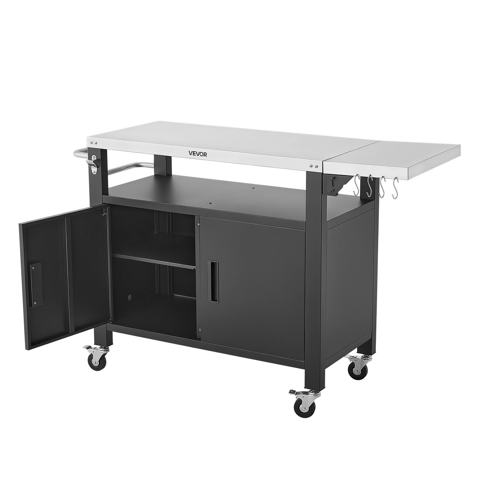 Alt View 5. VEVOR - Outdoor Grill Cart with Storage Cabinet, 55.1 Inch Grill Table, Waterproof Kitchen Island with Stainless Steel Top - Black;Silver.