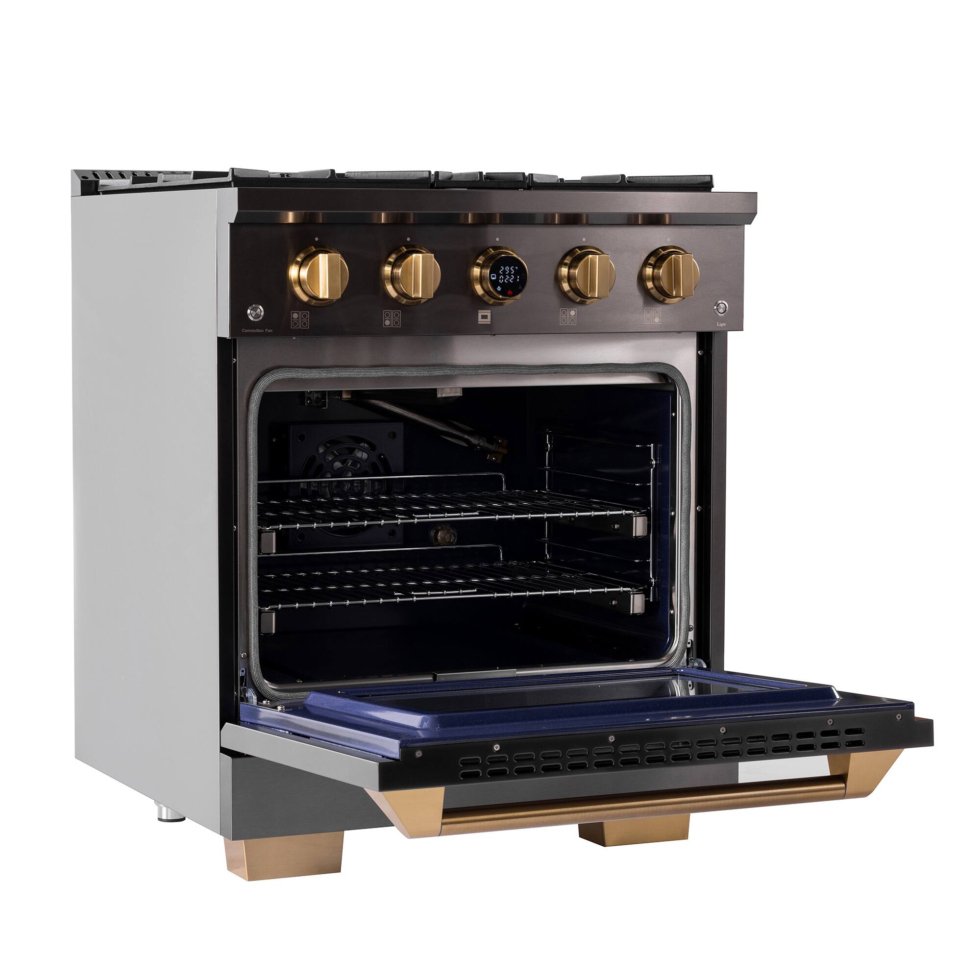 Back. Kucht - 30 in. 4.2 cu. ft. 4 Burners Dual Fuel Range for Propane Gas in Titanium Stainless Steel + Under Cabinet Range Hood - Gemstone with Gold accents.
