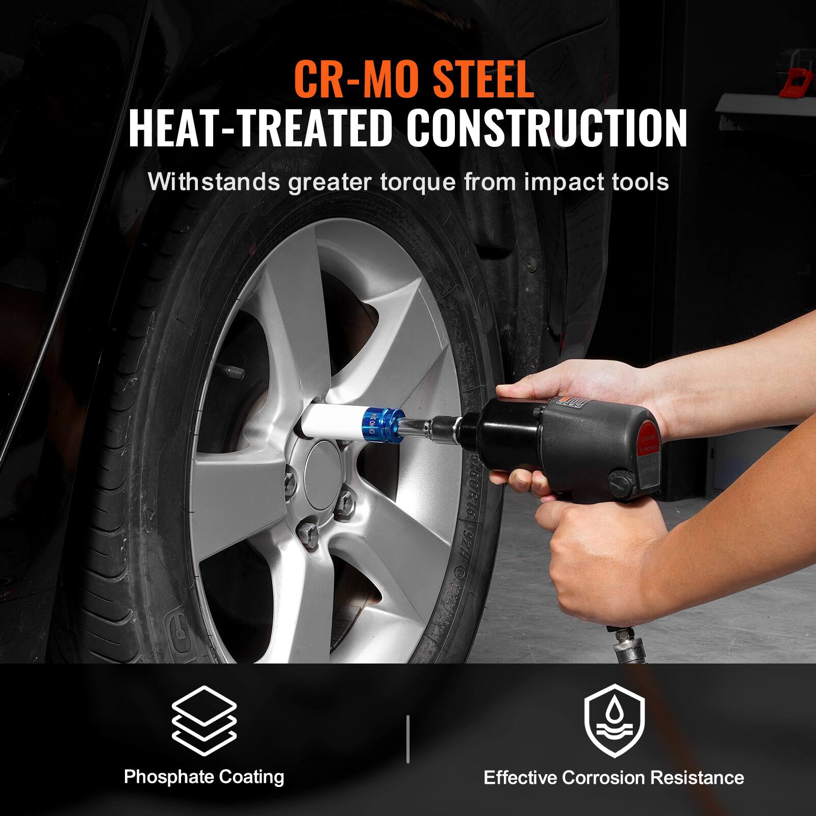 CR-MO STEEL  
HEAT-TREATED CONSTRUCTION  
Withstands greater torque from impact tools  

Phosphate Coating  
Effective Corrosion Resistance