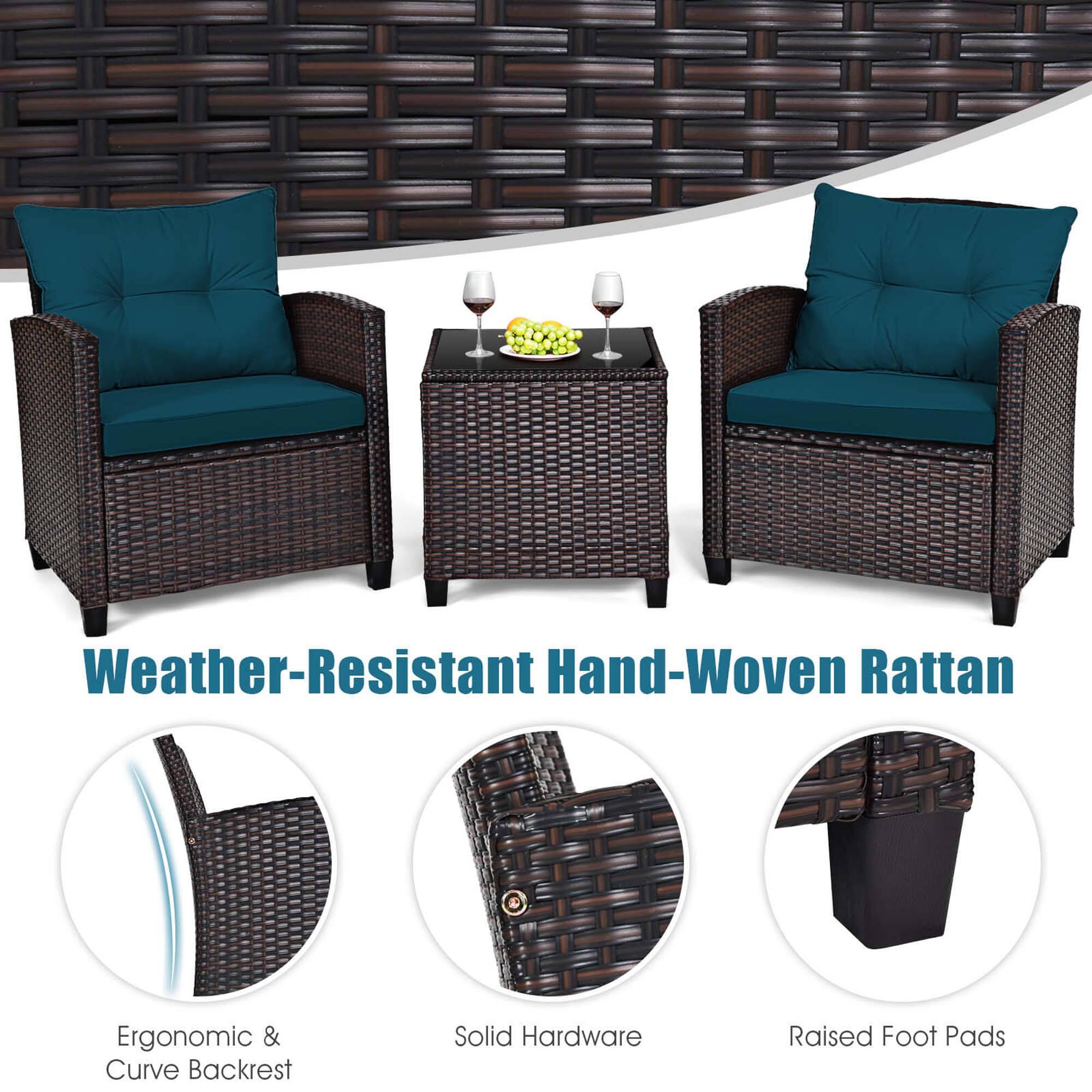 The text on the image reads: "Weather-Resistant Hand-Woven Rattan Ergonomic & Curve Backrest Solid Hardware Raised Foot Pads."