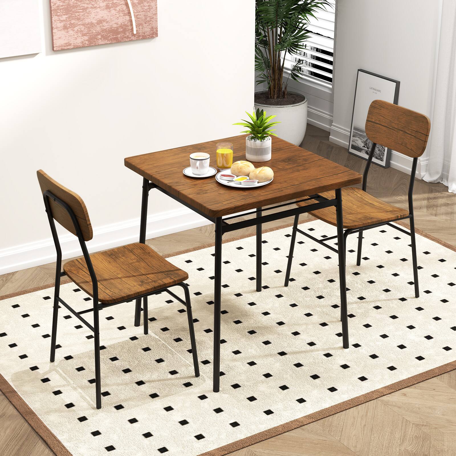 Alt View 1. Gymax - Gymax 3-Piece Wood Square Kitchen Table & Chair Set w/ Metal Frame Storage Rack - Black, Brown.