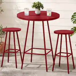 Best Choice Products - 3-Piece Steel Patio Bar Height Round Bistro Set w/ Backless Stools, Slatted Design - Red