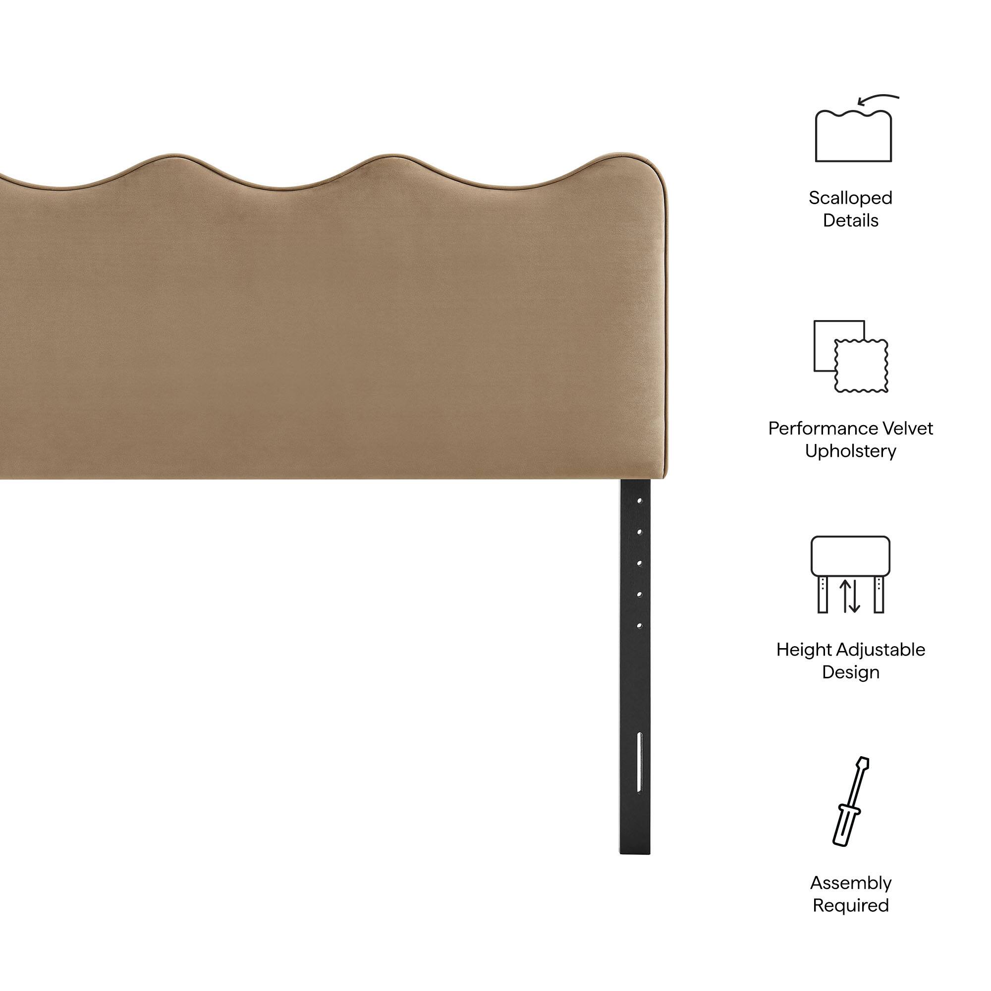 Scalloped Details  
Performance Velvet Upholstery  
Height Adjustable Design  
Assembly Required