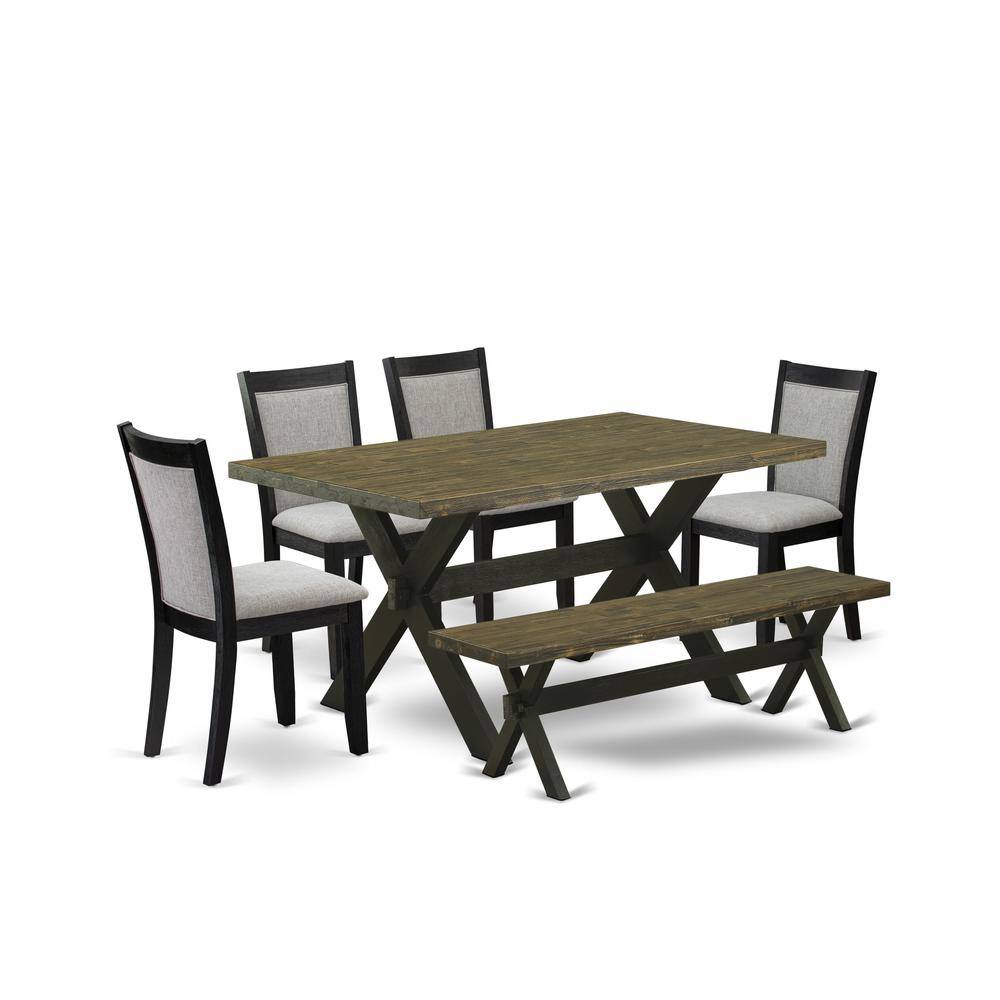 Alt View 4. East West Furniture - X676MZ606-6 6 Pc Dining Room Table Set - Distressed Jacobean Table with a Bench and 4 Shitake Chairs - Wire Brushed - Multi-Color.