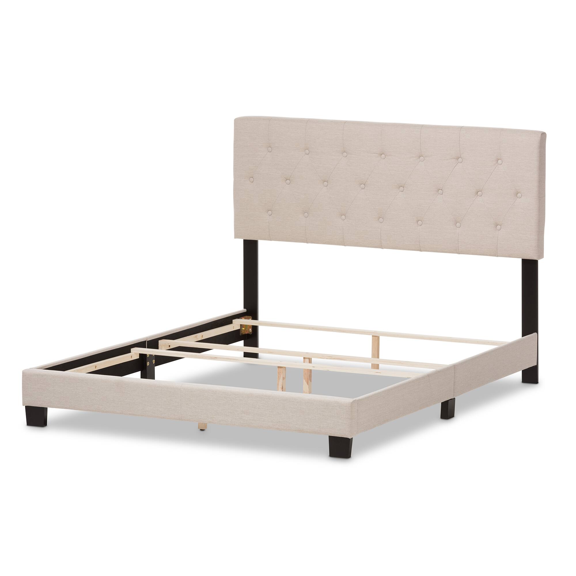 Left. Baxton Studio - Cassandra Modern and Contemporary Fabric Upholstered Bed - Light Beige.