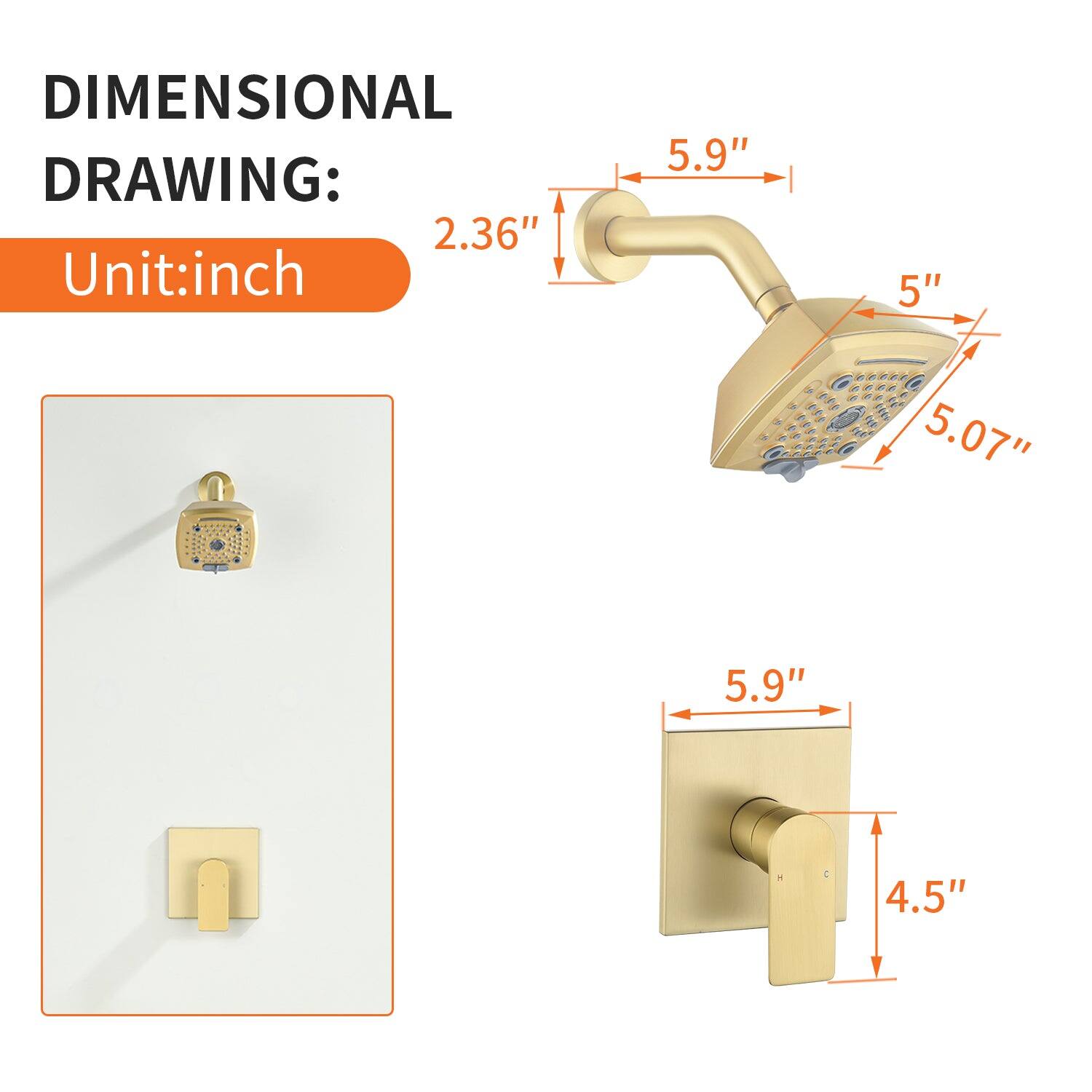 DIMENSIONAL DRAWING:  
Unit: inch  

- 2.36"  
- 5.9"  
- 5"  
- 5.07"  
- 5.9"  
- 4.5"
