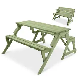 Best Choice Products - 2-in-1 Outdoor Interchangeable Wooden Picnic Table/Garden Bench for w/ Umbrella Hole - Sage Green