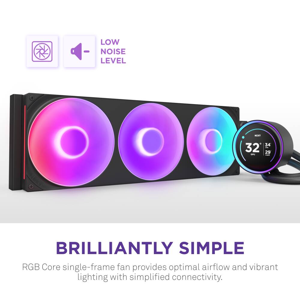 The text on the image reads: "BRILLIANTLY SIMPLE RGB Core single-frame fan provides optimal airflow and vibrant lighting with simplified connectivity. LOW NOISE LEVEL + MIXT a 34 32 -d 29 SPU."