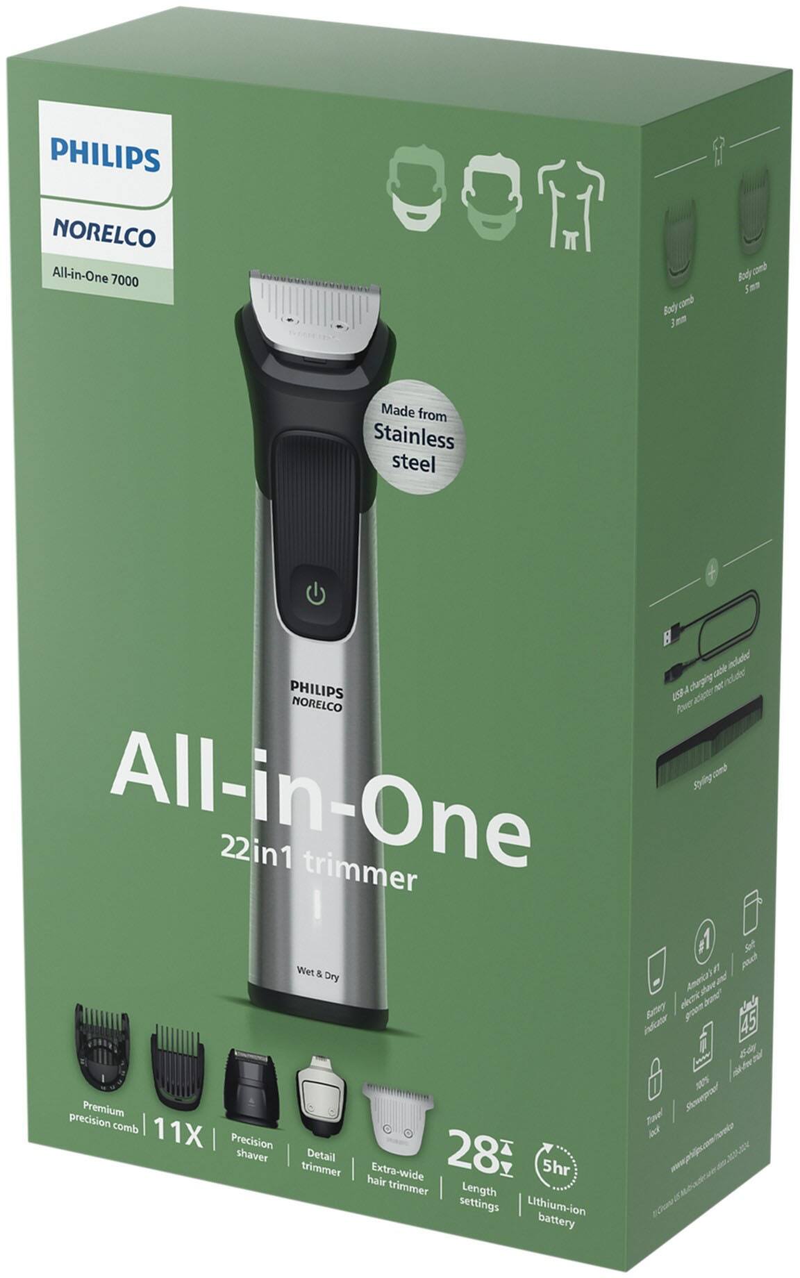 PHILIPS NORELCO All-in-One 7000 Body comb 3 Body cond 5. Made from Stainless steel B case included daily added PHILIPS A n USB A asanter NORELCO Power m Syly All-in-One 22in1 trimmer Sot # pd Wet & Dry America) band Buctey goss incn 45 i 14 m E I Premium Showeproof precision I Tovel comb 11X ec Precision shaver trimmer Detail I Extra-wide 28 5hr hair trimmer Length settings Lithium-ion battery