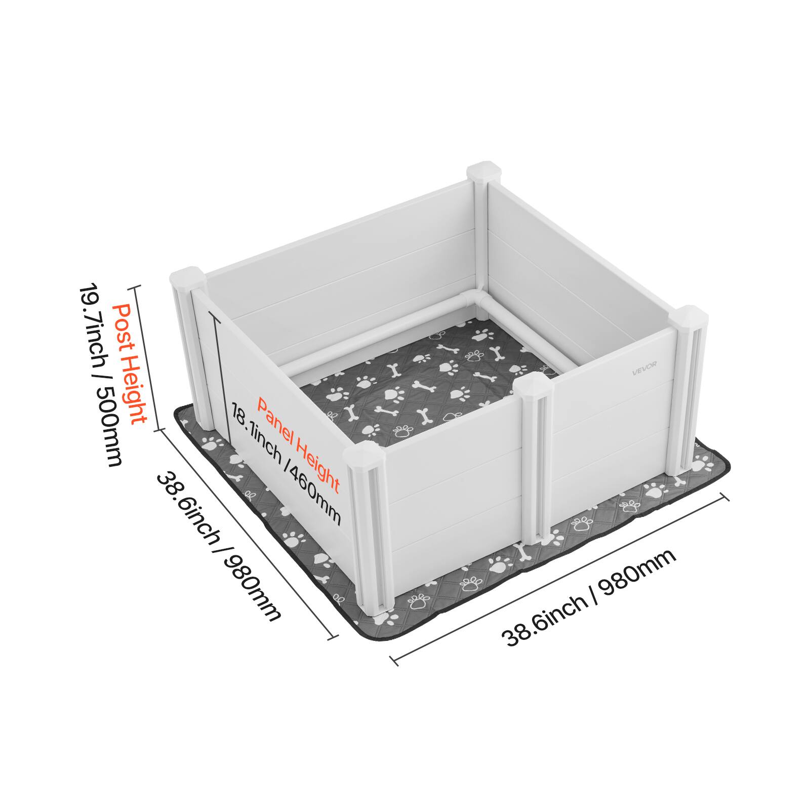 19.7inch / 500mm Post Height  
18.1inch / 460mm Panel Height  
38.6inch / 980mm