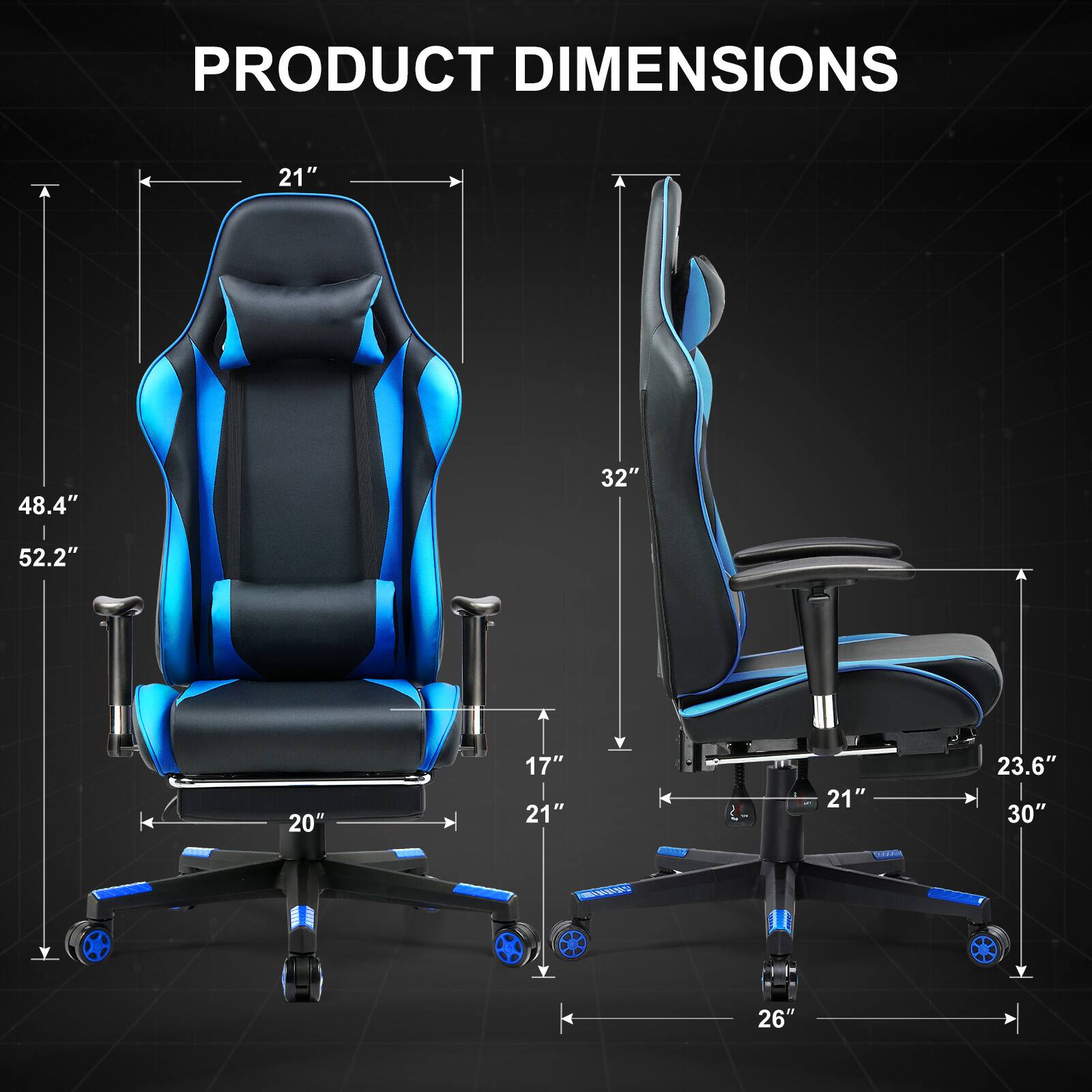 PRODUCT DIMENSIONS

21"
48.4"
32"
52.2"
20"
17" 21"
21"
23.6" 30"
26"