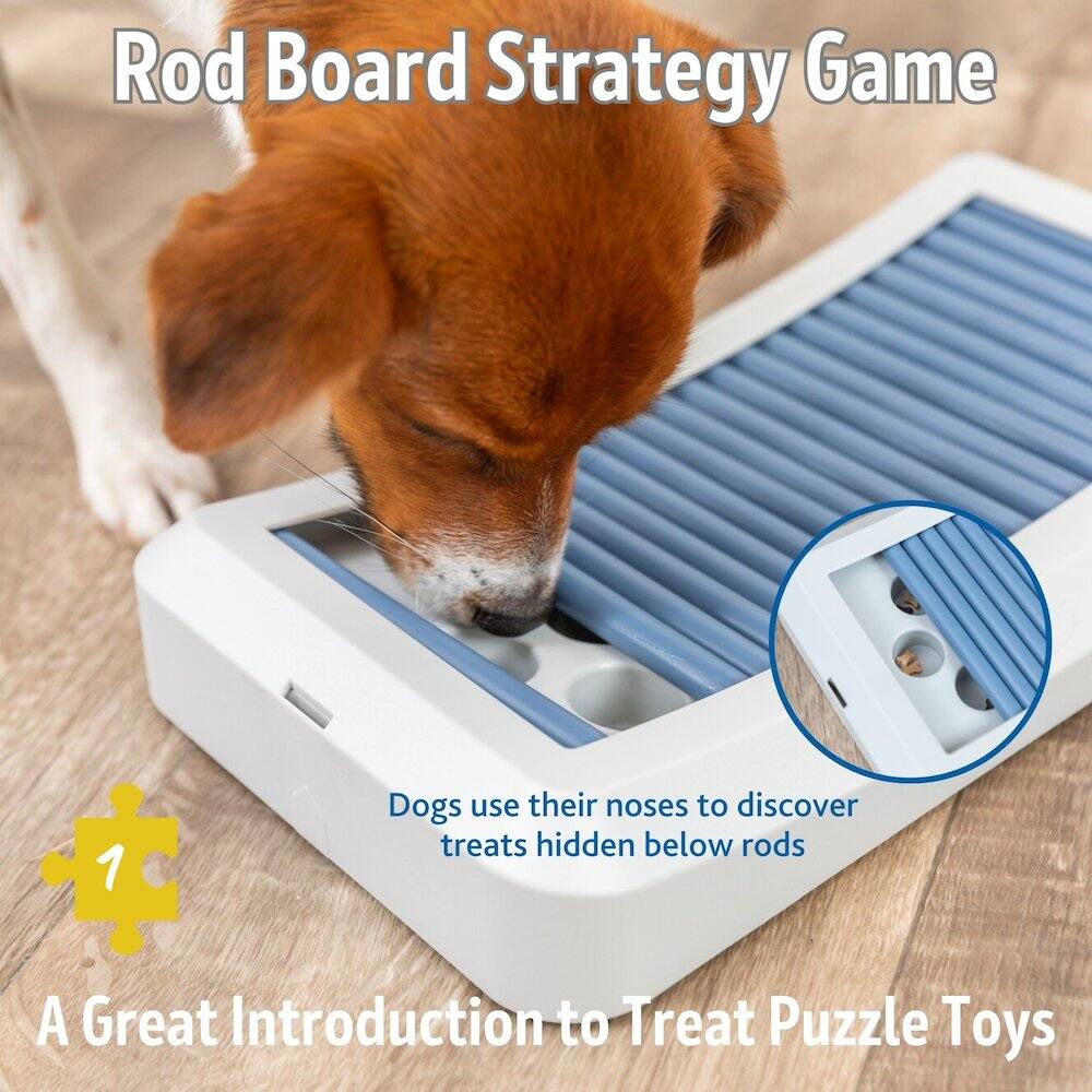 Rod Board Strategy Game

Dogs use their noses to discover treats hidden below rods

A Great Introduction to Treat Puzzle Toys
