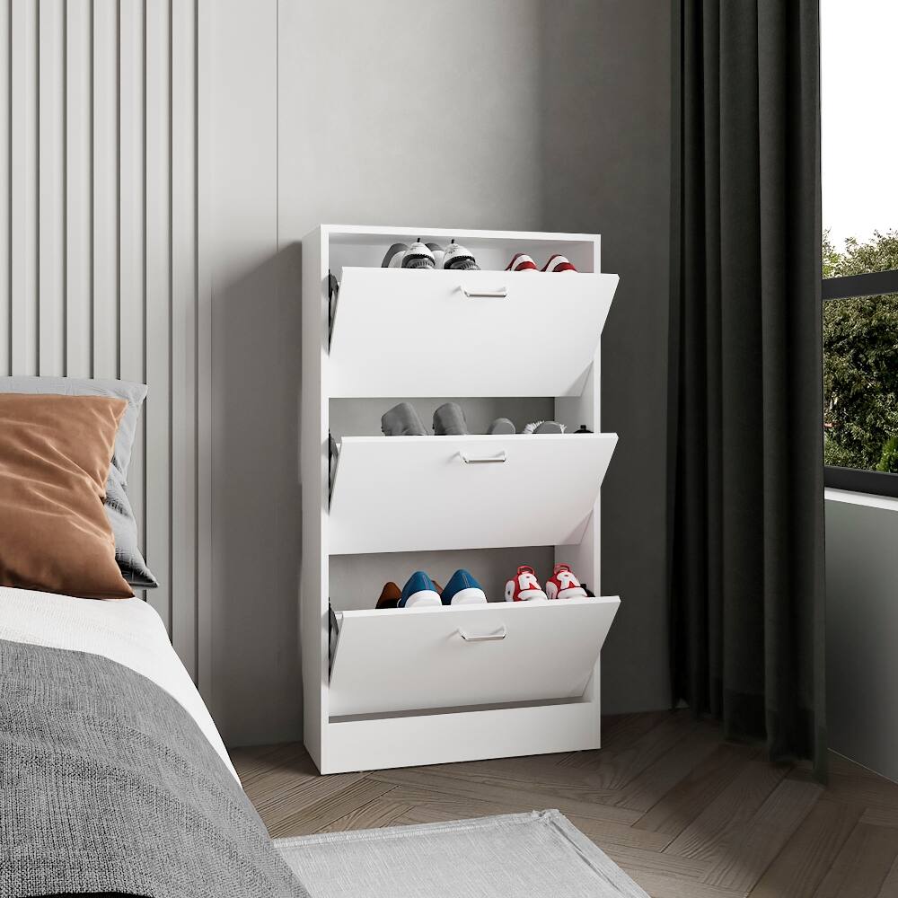 Alt View 1. Loheer - Loheer White Pull Down Shoe Rack, Slim Entryway Shoe Cabinet - White.