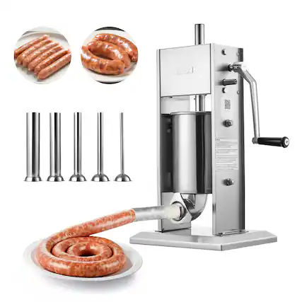 Front. VEVOR - Manual Sausage Stuffer, 7 LBS / 3 L Vertical Meat Stuffer, Heavy Duty Sausage Casing Meat Stuffing Machine - Silver.