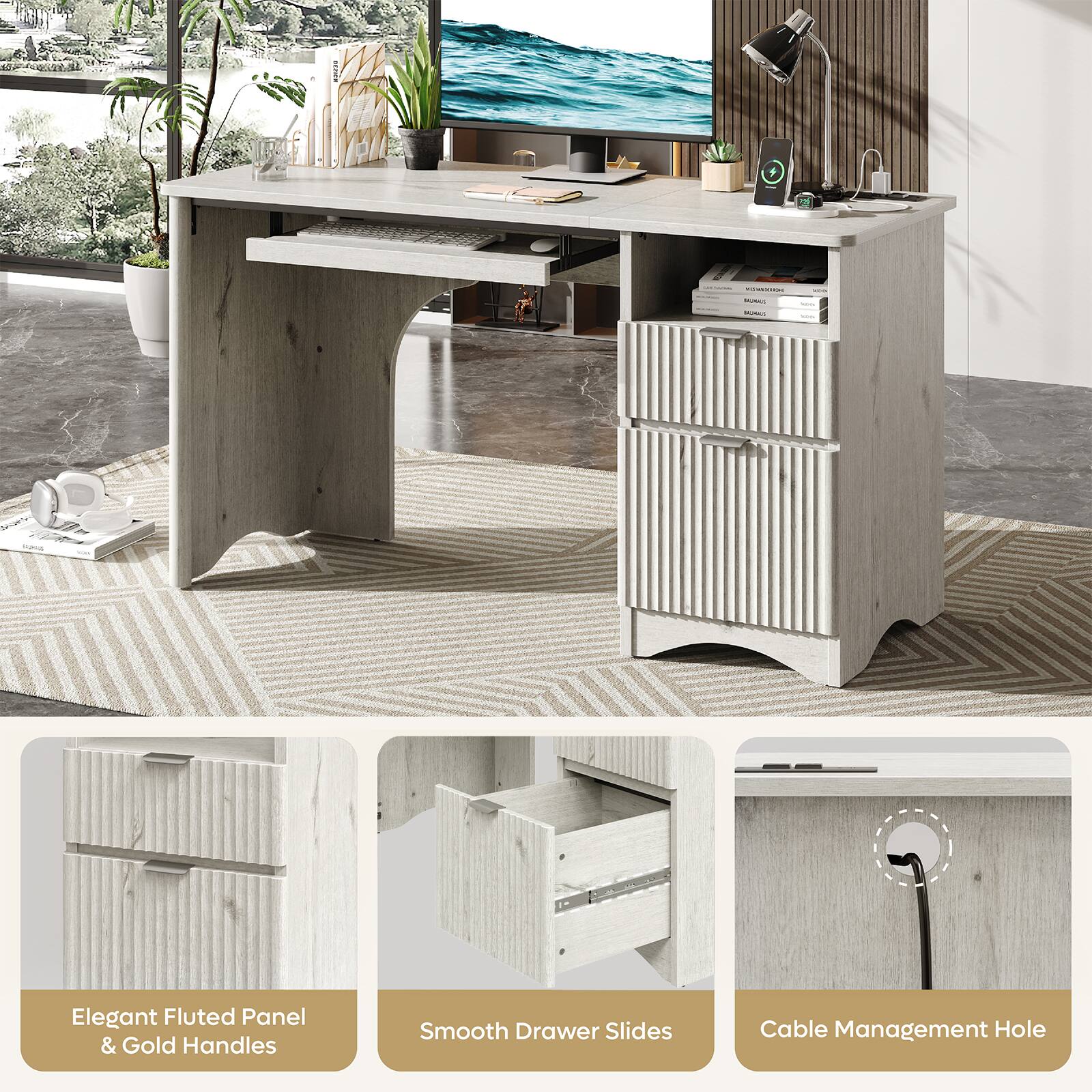 - MAKE MADAKI
- Elegant Fluted Panel & Gold Handles
- Smooth Drawer Slides
- Cable Management Hole