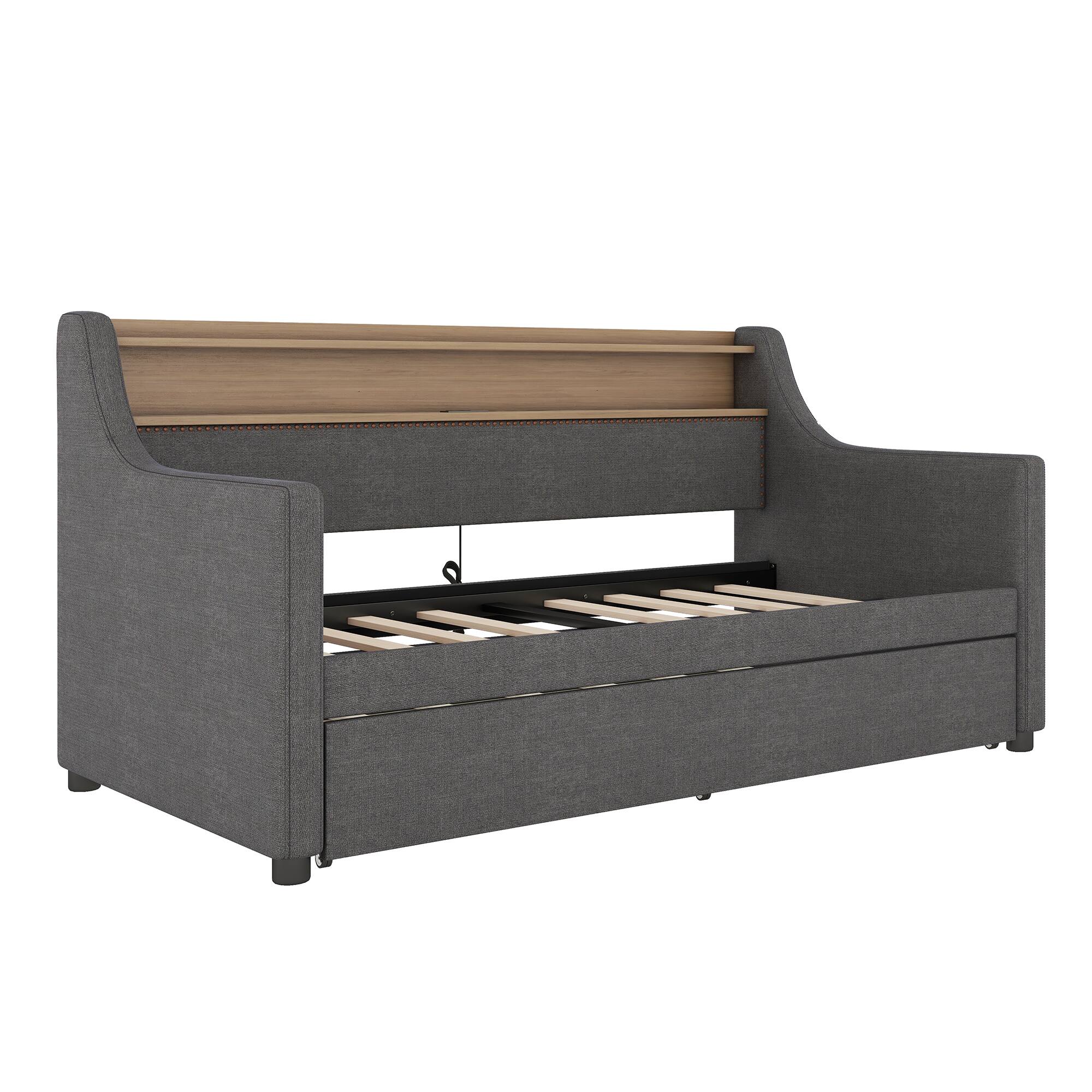 Alt View 9. Tiramisubest - Twin Size Daybed with Trundle Bed, Upholstered Daybed with Charging Station and LED Lights, Gray - Gray.