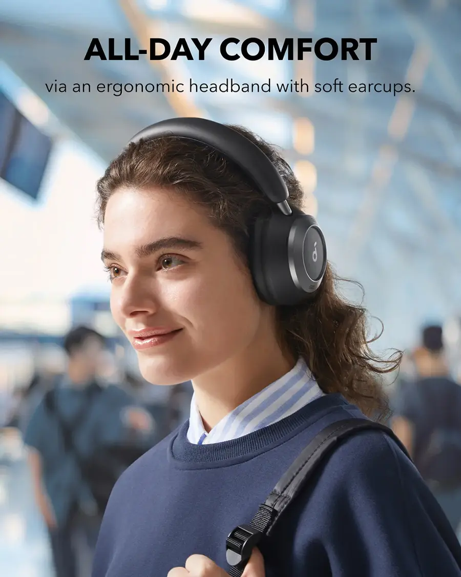 "All-Day Comfort via an ergonomic headband with soft earcups."