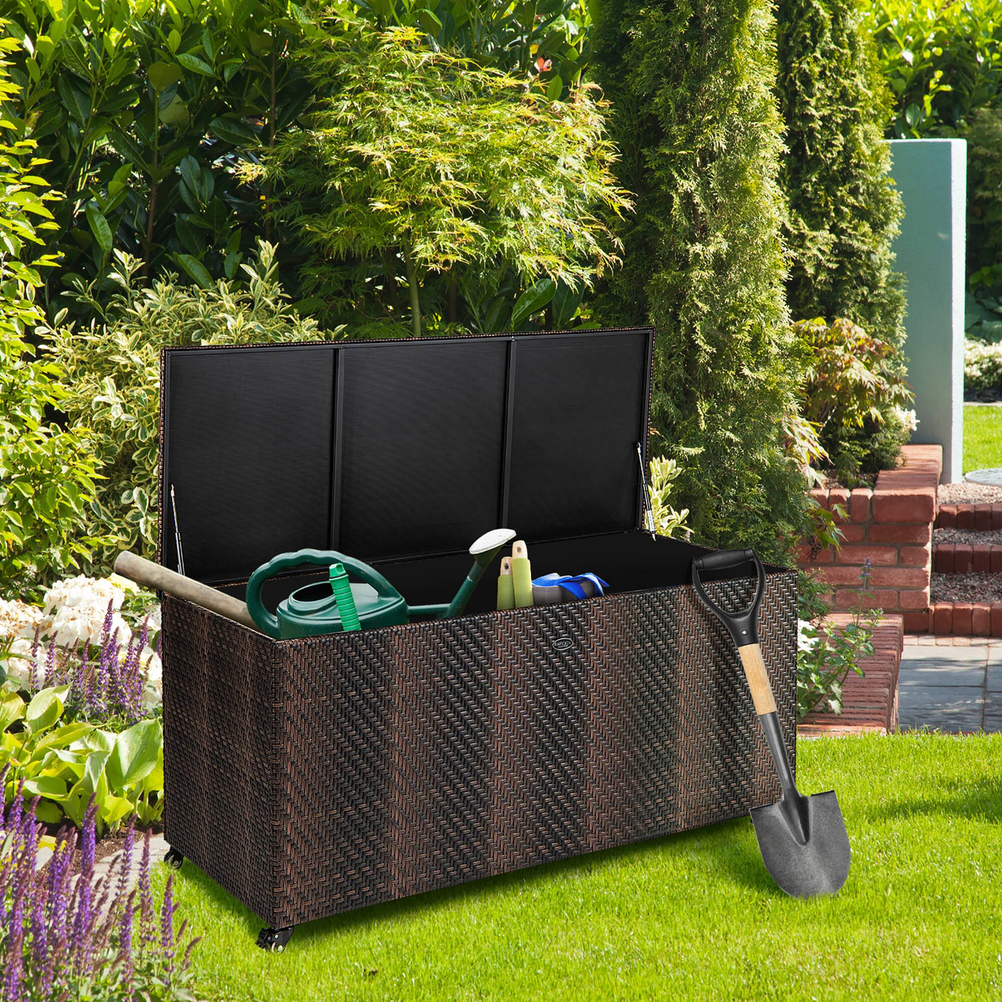 Alt View 2. Gymax - Gymax 2-in-1 PE Wicker Outdoor Storage Box Furniture Deck Box Garden Tools Mix Brown - Mix Brown.