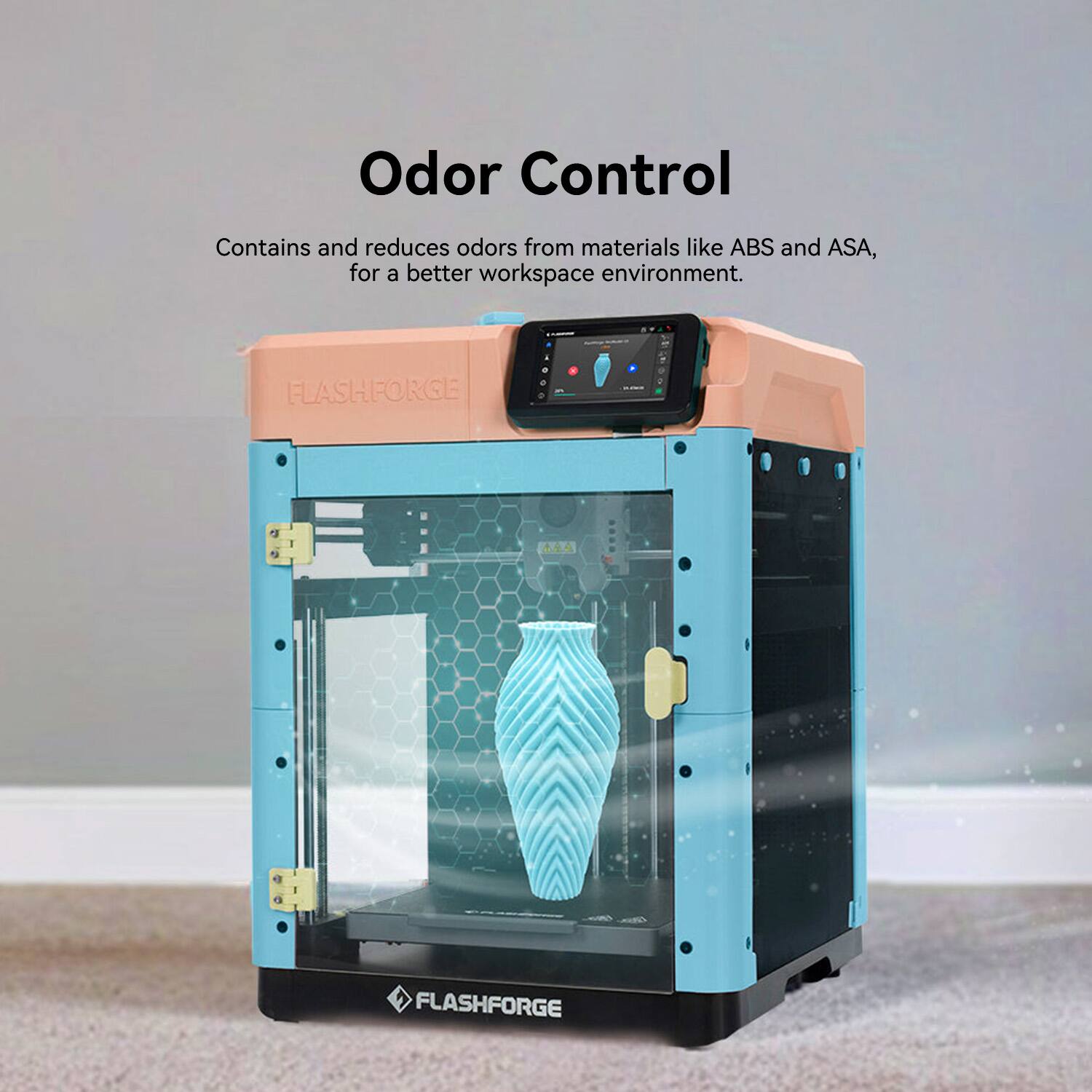 Odor Control  
Contains and reduces odors from materials like ABS and ASA, for a better workspace environment.  
FLASHFORGE