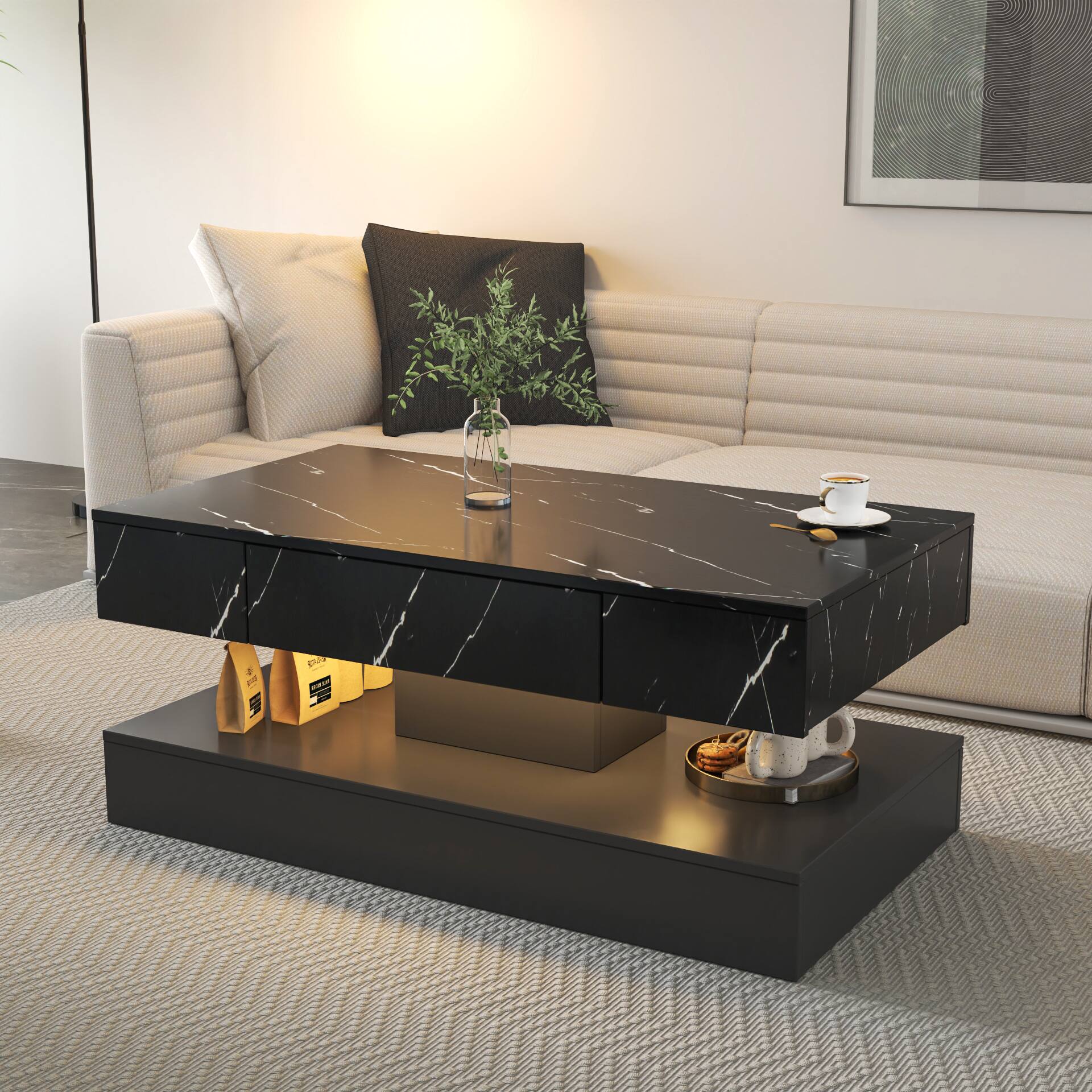 Front. Tiramisubest - 16.93IN High LED Coffee Table,Modern Coffee Table for Living Room,Large Living Room Furniture,LED Lights - Black.