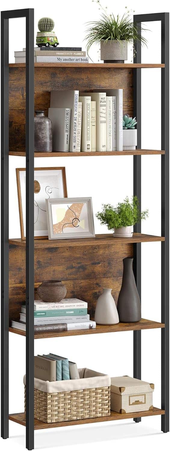 Songmics Home - 5-Tier Bookshelf Industrial Style Bookcase with Steel Frame in Rustic and Black - Brown