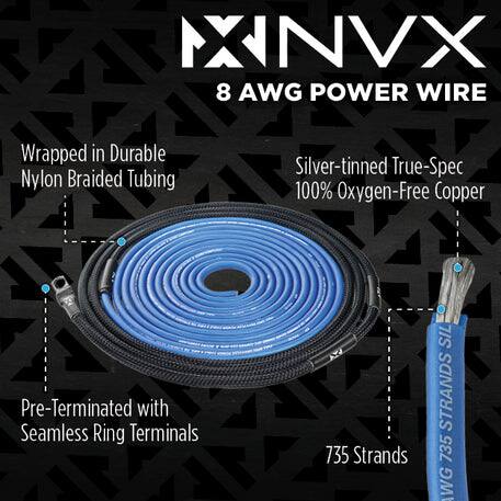 XINVX 8 AWG POWER WIRE  
Wrapped in Durable Nylon Braided Tubing  
Silver-tinned True-Spec 100% Oxygen-Free Copper  
Seamless Pre-Terminated Ring Terminals  
735 Strands