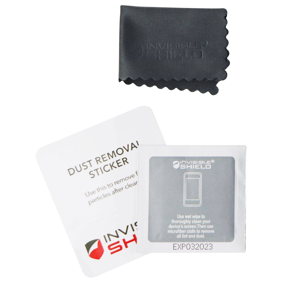 INVISIBLE SHIELD

DUST REMOVAL STICKER
Use this to remove fine particles after clear

Use wet wipe to thoroughly clean your device's screen. Then use microfiber cloth to remove all lint and dust.

EXP032023