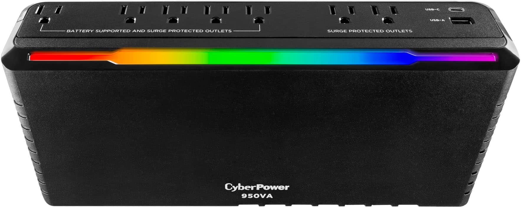 The image features a CyberPower 95OVA surge protector with USB-C and USB-A ports. The surge protector is designed to provide battery-supported and surge-protected outlets, ensuring the safety of electronic devices connected to it. The device is black and has a rainbow-colored strip on the front, adding a touch of color to its otherwise sleek design.