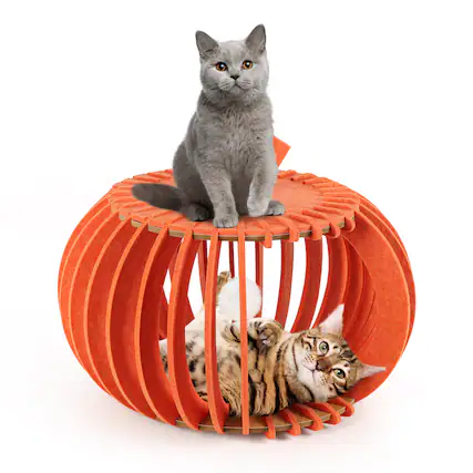 Front. Oumilen - Orange Pumpkin Cat Bed Cave | 2-in-1 Felt Cat Hideaway with Toy Ball, Easy Assembly Cat House for Indoor Cats - Orange.