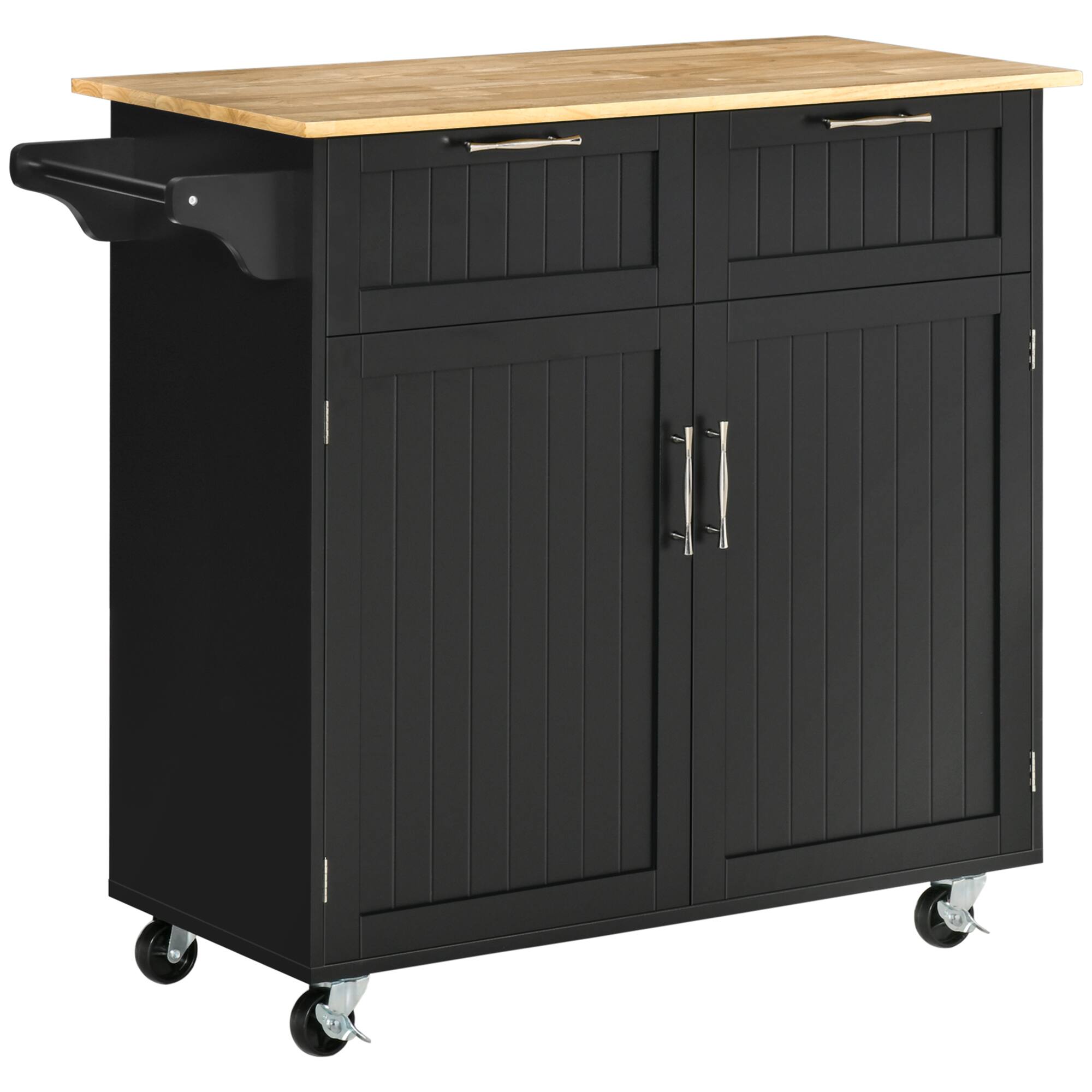 Front. Homcom - 41" Modern Rolling Kitchen Island on Wheels, Utility Cart Storage Trolley with Rubberwood Top & Drawers - Black.