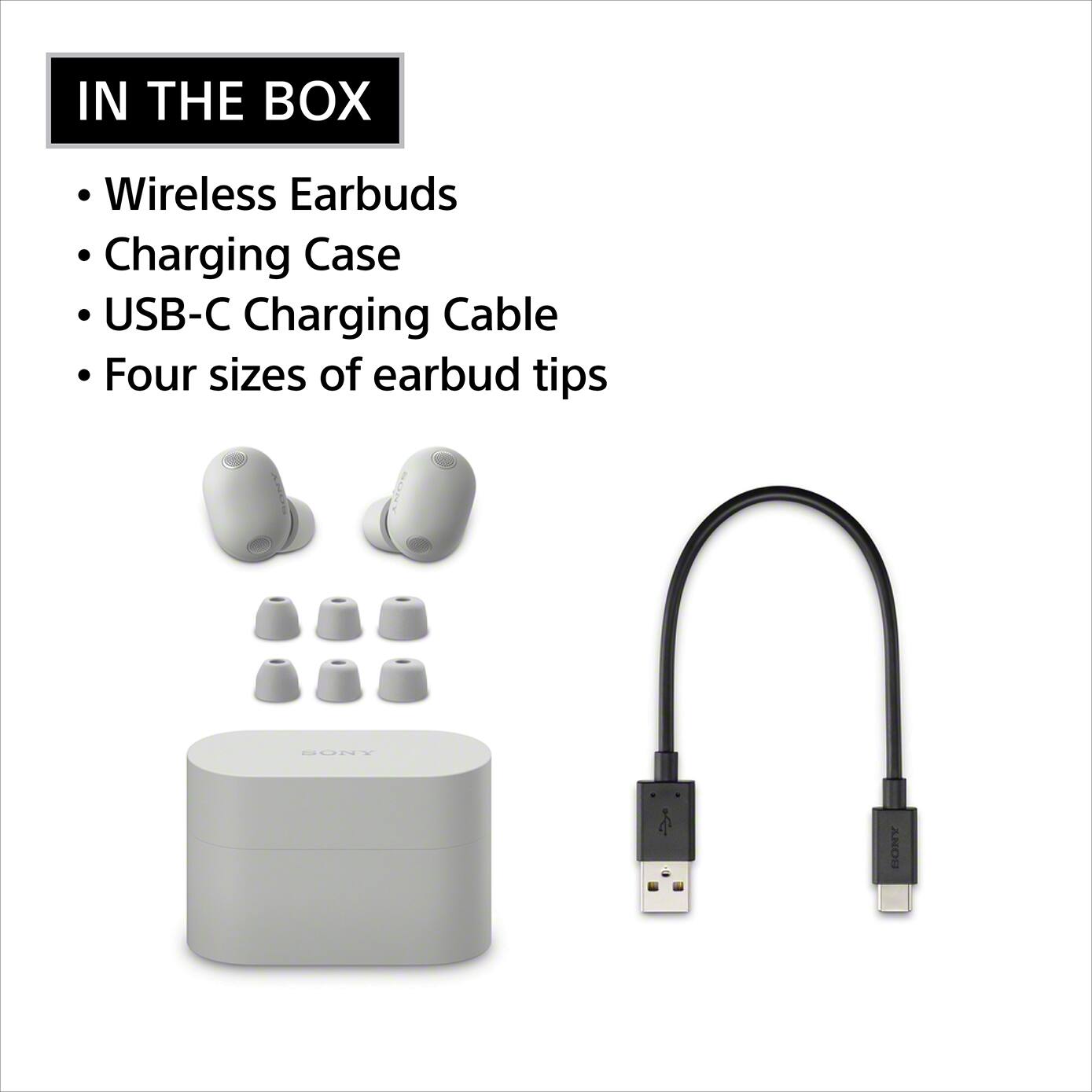 IN THE BOX

- Wireless Earbuds
- Charging Case
- USB-C Charging Cable
- Four sizes of earbud tips