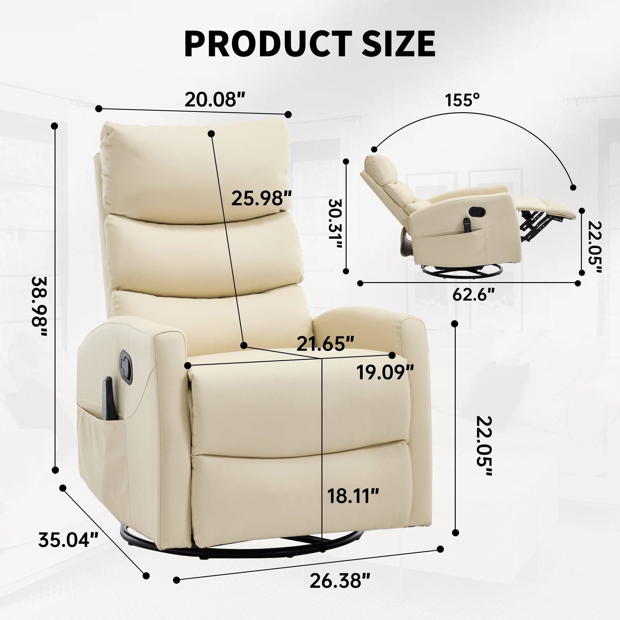 PRODUCT SIZE

- Width: 35.04"
- Depth: 26.38"
- Height: 38.98"
- Seat Height: 19.09"
- Seat Depth: 21.65"
- Armrest Height: 25.98"
- Back Height: 30.31"
- Reclining Angle: 155°
- Reclined Depth: 62.6"
- Reclined Width: 22.05"
- Armrest Width: 22.05"