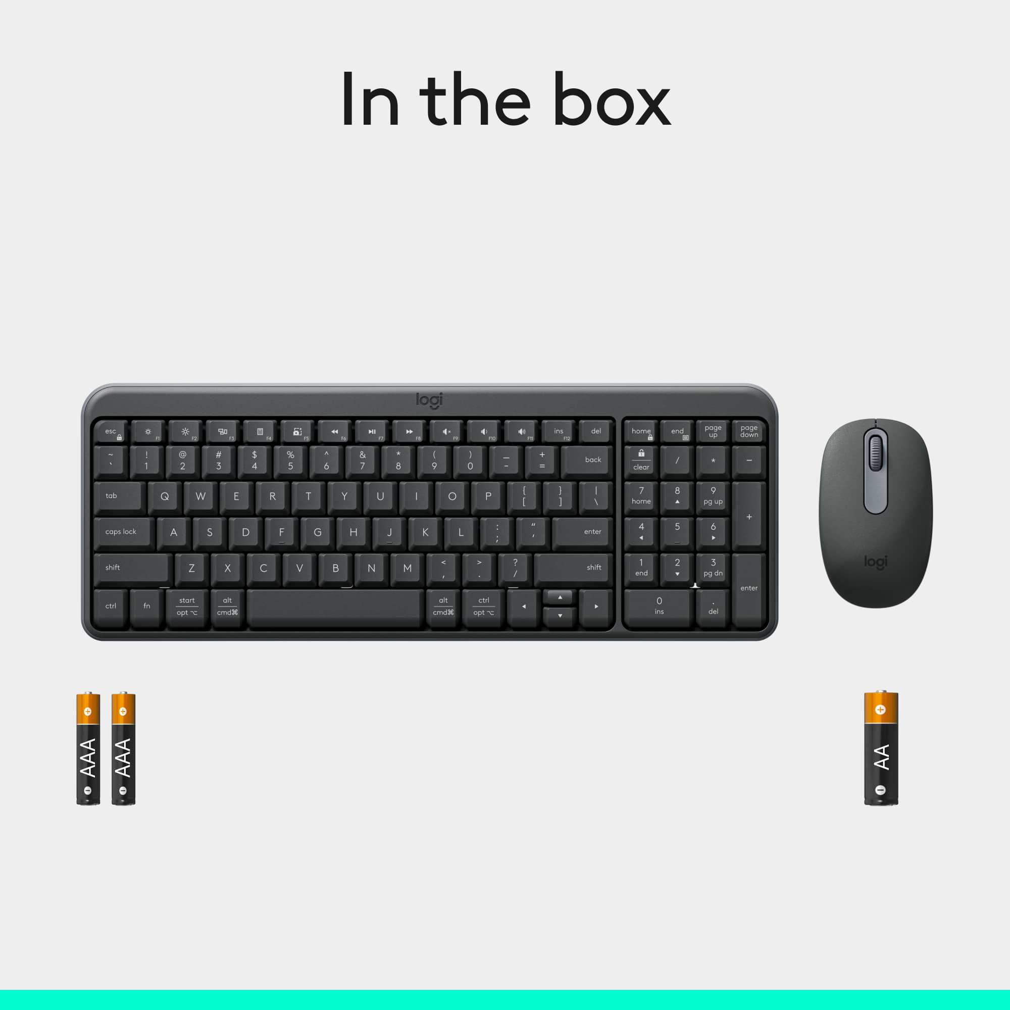 In the box, there is a Logitech keyboard and mouse. The keyboard has a black color and is designed for home and office use. It comes with a 2.0 dpi resolution and is compatible with Windows and Mac operating systems. The mouse is also designed for home and office use, and it has a 1000 dpi resolution. Both the keyboard and mouse are easy to use and provide a comfortable typing experience.