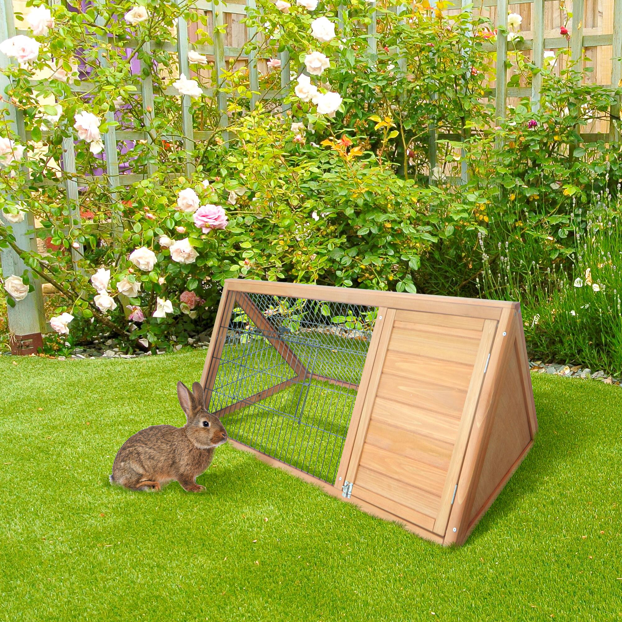 Angle. Pawhut - 46" x 24" Wooden A-Frame Outdoor Rabbit Hutch, Small Animal Cage, Outside Run & Ventilating Wire.
